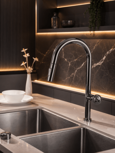 Robinet Évier Rétractable CRISTALLO – Poignée Cristal FCL16657 Gris1