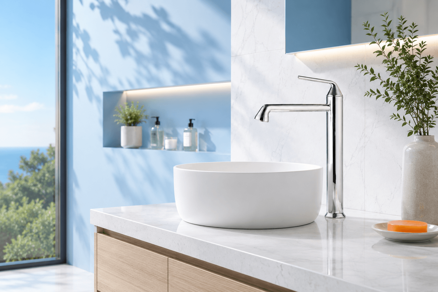 Robinetterie salle de bain Fancell — mitigeur lavabo chromé col haut sur vasque à poser